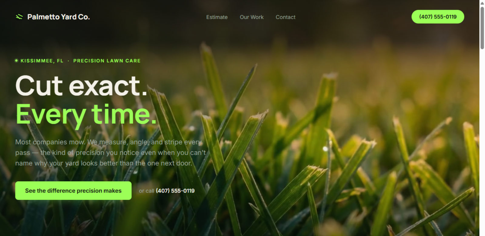 Screenshot of the Palmetto Yard Co. demo homepage, an example website built by Book & Build Co., showing a scroll-driven macro-to-aerial hero section